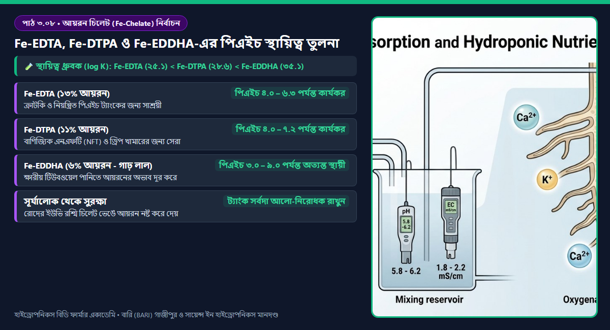 চিত্র ৩.০৮: বিভিন্ন পিএইচ (pH) মাত্রায় Fe-EDTA, Fe-DTPA এবং Fe-EDDHA আয়রন চিলেটের স্থায়িত্ব ও কার্যকারিতা কার্ভ