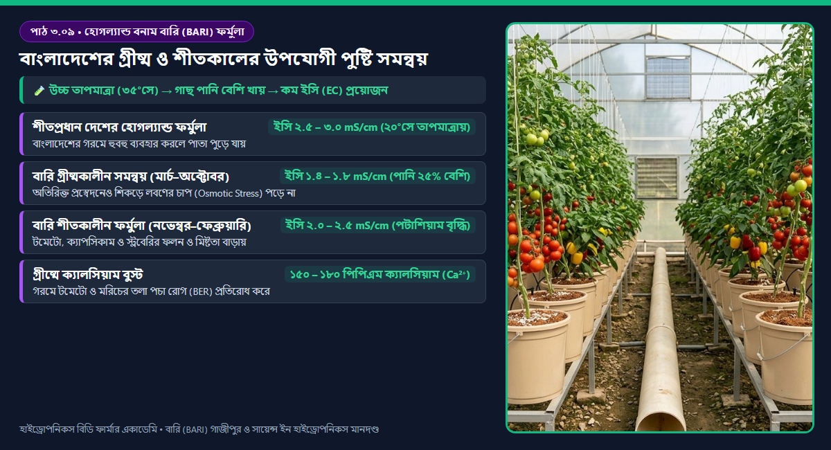 চিত্র ৩.০৯: হোগল্যান্ড (১৯৫০) শীতপ্রধান ফর্মুলা বনাম বারি (BARI) গাজীপুরের গ্রীষ্মমণ্ডলীয় ফর্মুলার পুষ্টি তুলনা চার্ট
