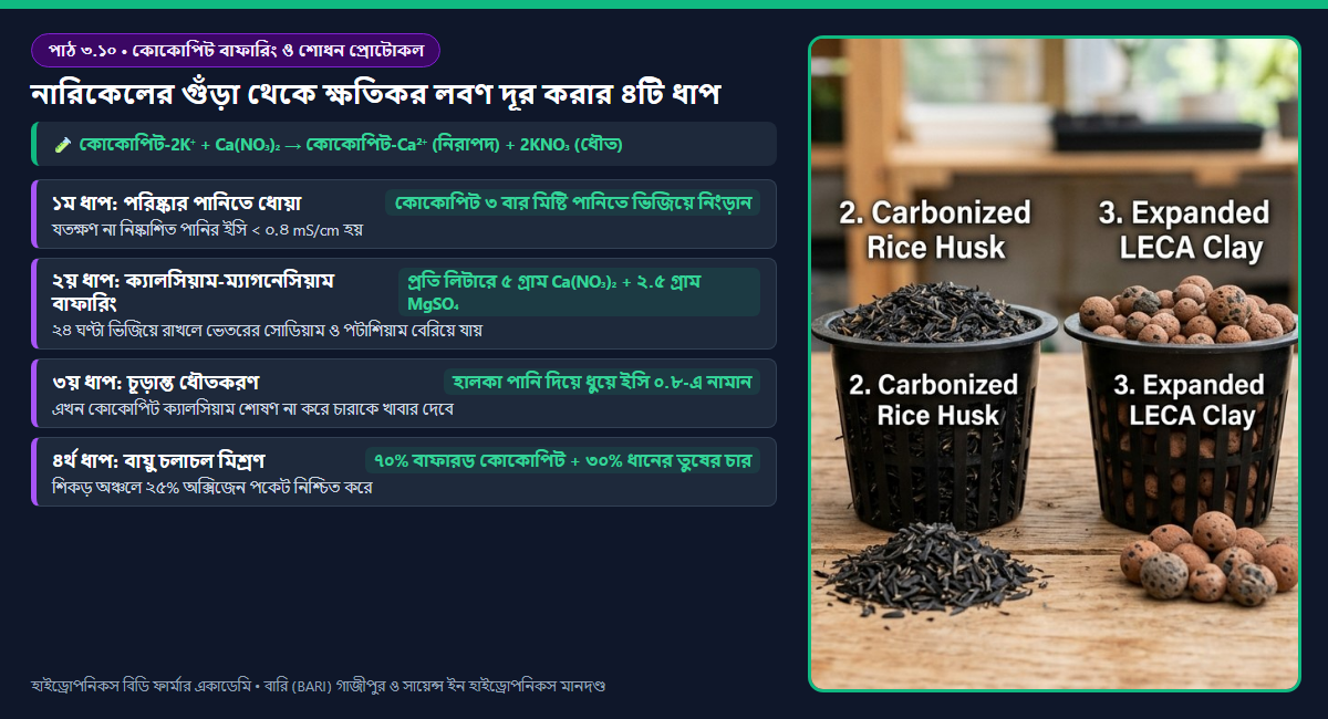 চিত্র ৩.১০: কোকোপিট তন্তুর ক্যাটায়ন বিনিময় সাইট (CEC) থেকে সোডিয়াম ও পটাশিয়াম সরিয়ে ক্যালসিয়াম ও ম্যাগনেসিয়াম বাফারিং প্রক্রিয়া