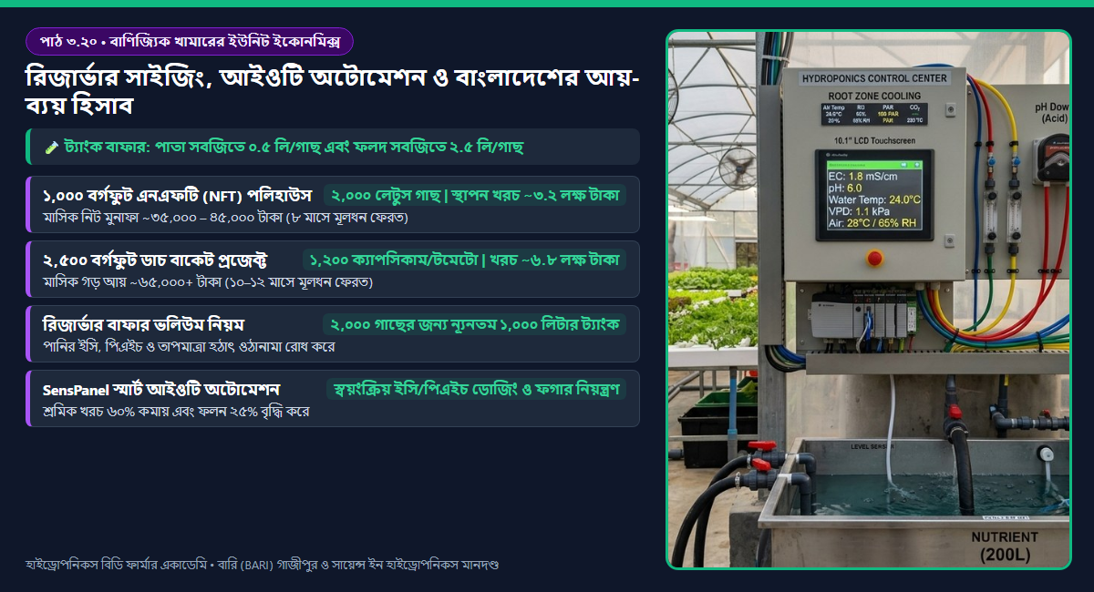 বাণিজ্যিক হাইড্রোপনিক খামারের রিজার্ভার বাফার সাইজিং, সেন্সপ্যানেল আইওটি ডোজিং অটোমেশন এবং ইউনিট ইকোনমিক্স ও আরওআই (ROI) ডায়াগ্রাম
